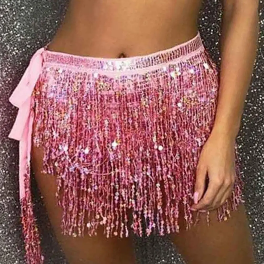 Trendy Durable Mini Skirt Performance Costume Multi Layers Shiny Sequin Belly Dancer Skirt Dancer Hip Wrap Dress Up