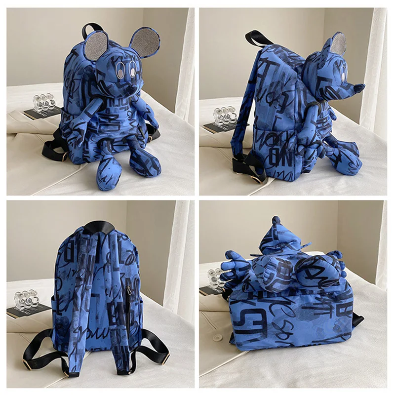 Disney Mickey Mouse Doll Backpack Printed Graffiti Student Cartoon 3D Schoolbag Trend Cross Shoulder Bag Children Storage Bag