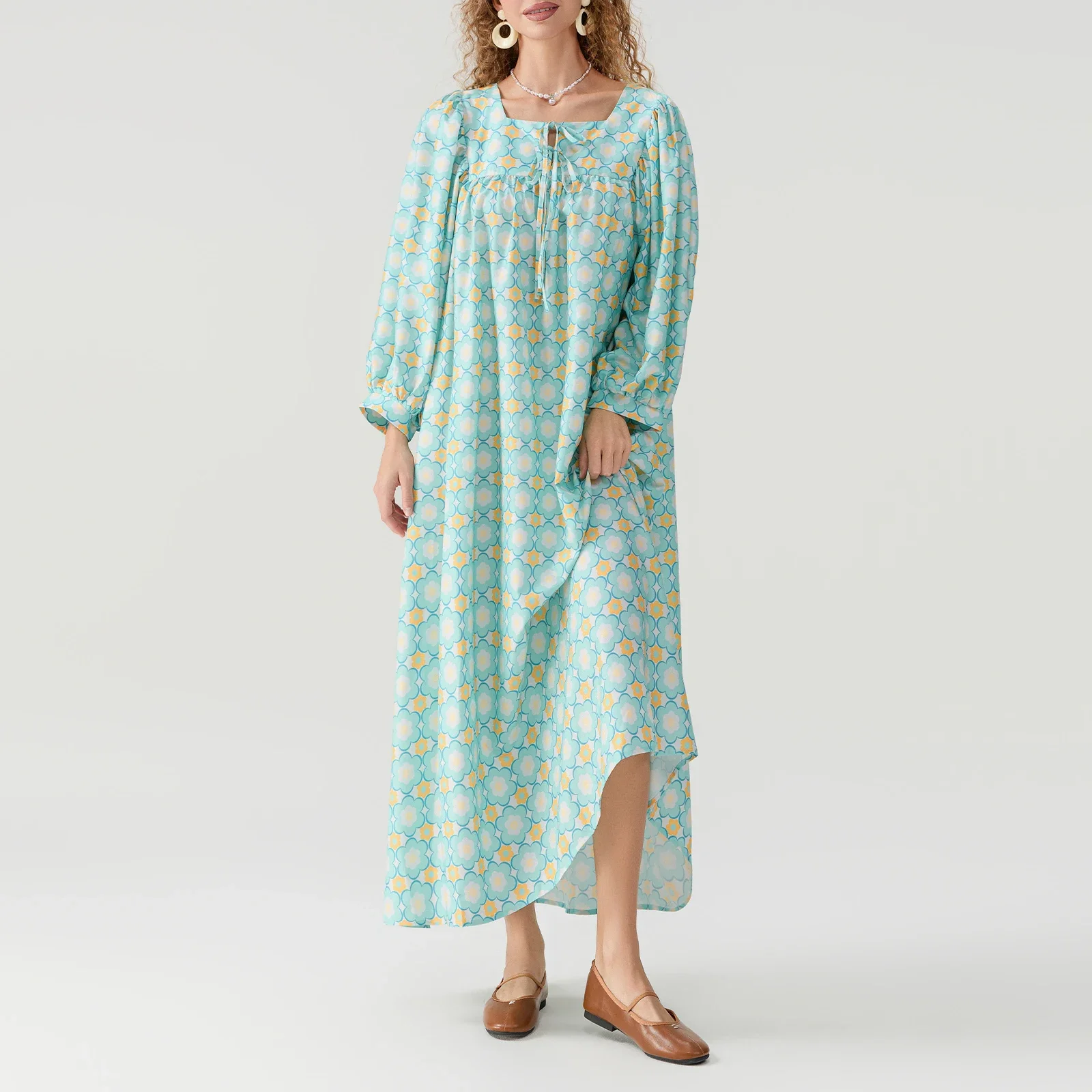 Robe bohème à manches longues pour femme, imprimé floral décontracté, col carré, robe de soirée A-Line pour la plage, les vacances, le club Streetwear