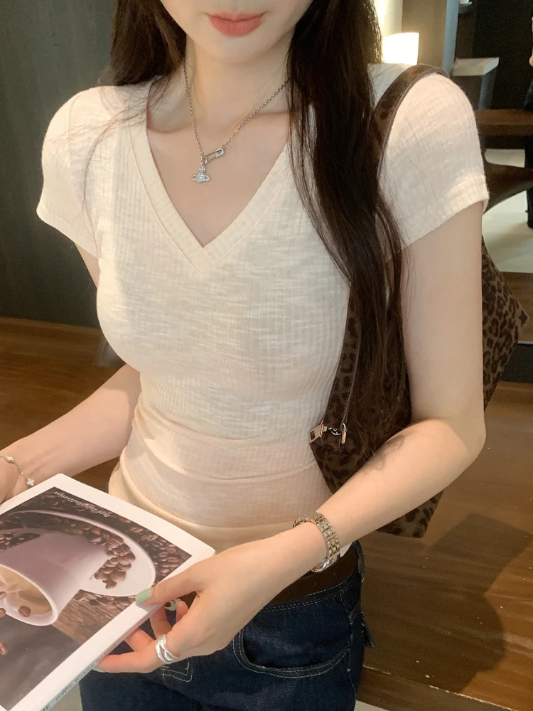 2026 Summer Unique Ribbed V Neck Women T-shirt Trendy Short Sleeve See-through Tee Slim Fit Casual Versatile Elegant Tops