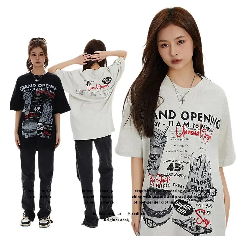 

Helloarcel top quality EU US size street wear spring summer Men Women cotton hamburger printing short sleevet T-shirt