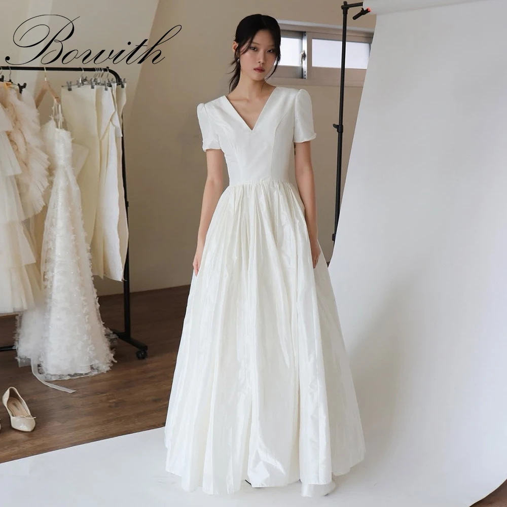 

Bowith V-Neck Short Sleeves Wedding Dresses Korea Photo Shoot Satin A Line Corset Back 웨딩드레스 Customized
