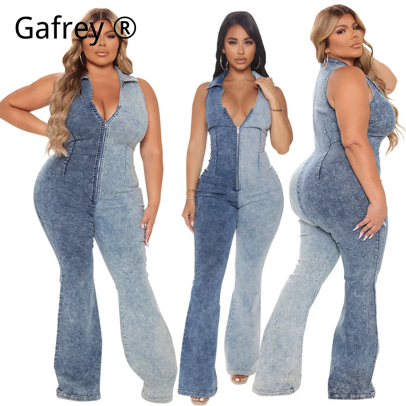 

Женский джинсовый комбинезон SML-5XL, сексуальный, с пэчворком, двухцветный, с глубоким V-образным вырезом, с завышенной талией, в стиле Y2K, уличный стиль, цельный комбинезон