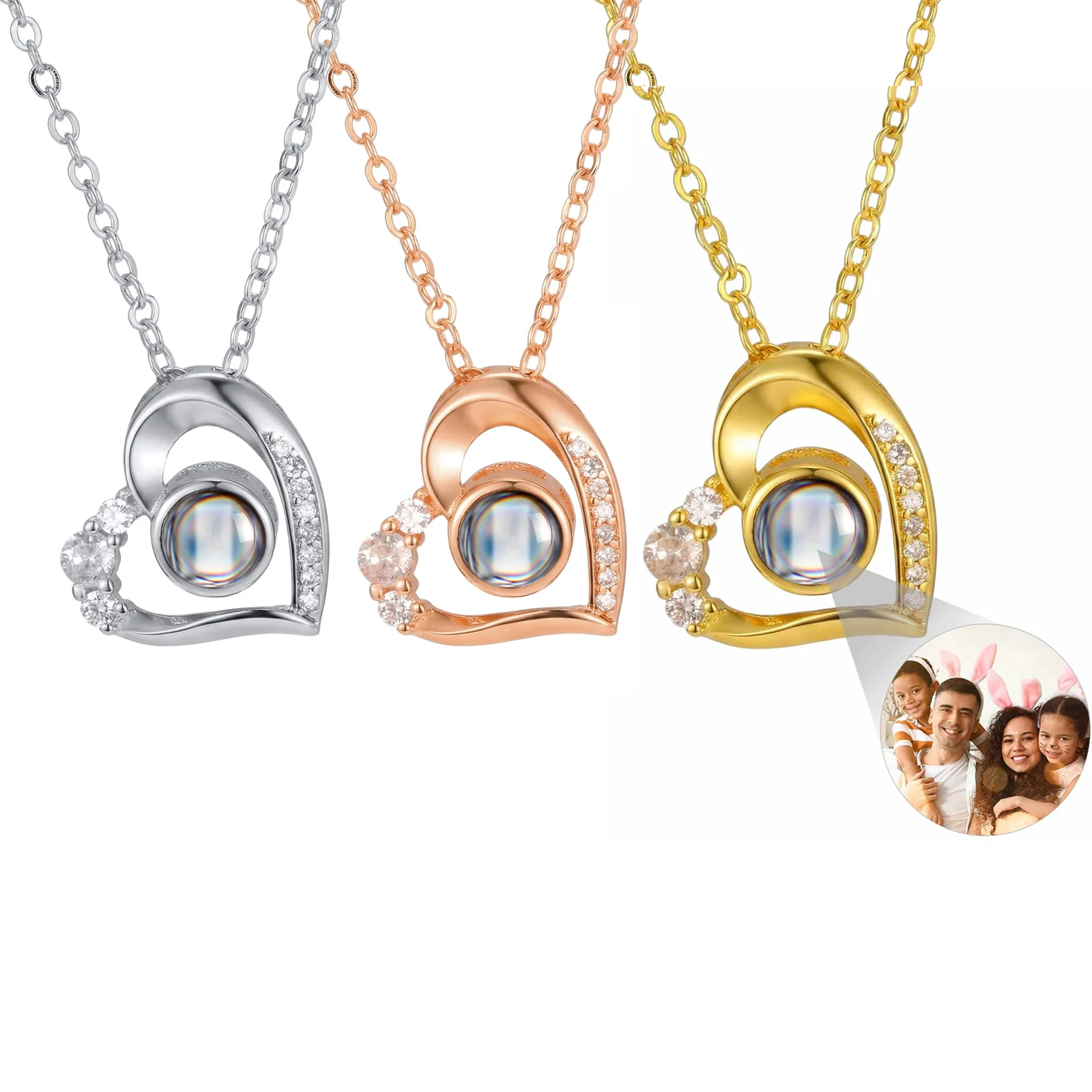 

Ожерелье с проекцией фото на заказ, инкрустированное цирконами, кулон в форме сердца для женщин, персонализированные украшения, подарок на годовщину, День святого Валентина