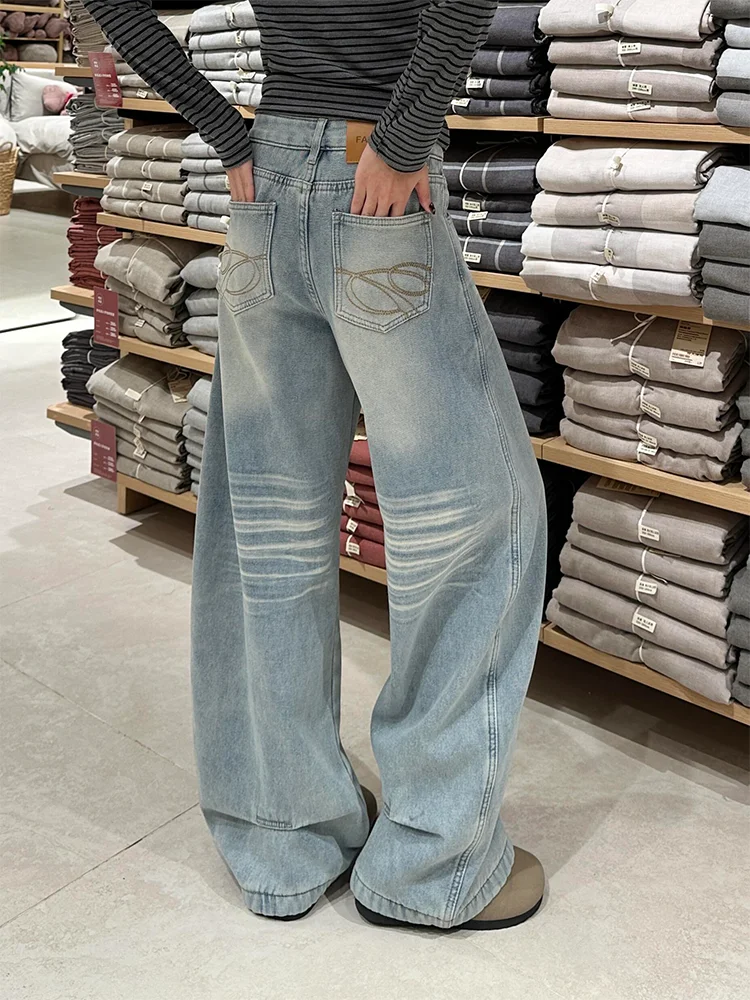 

Ретро джинсы из светло-голубого денима с эффектом потертости, с высокой талией, широкими штанинами, свободного кроя, в американском стиле, для женщин