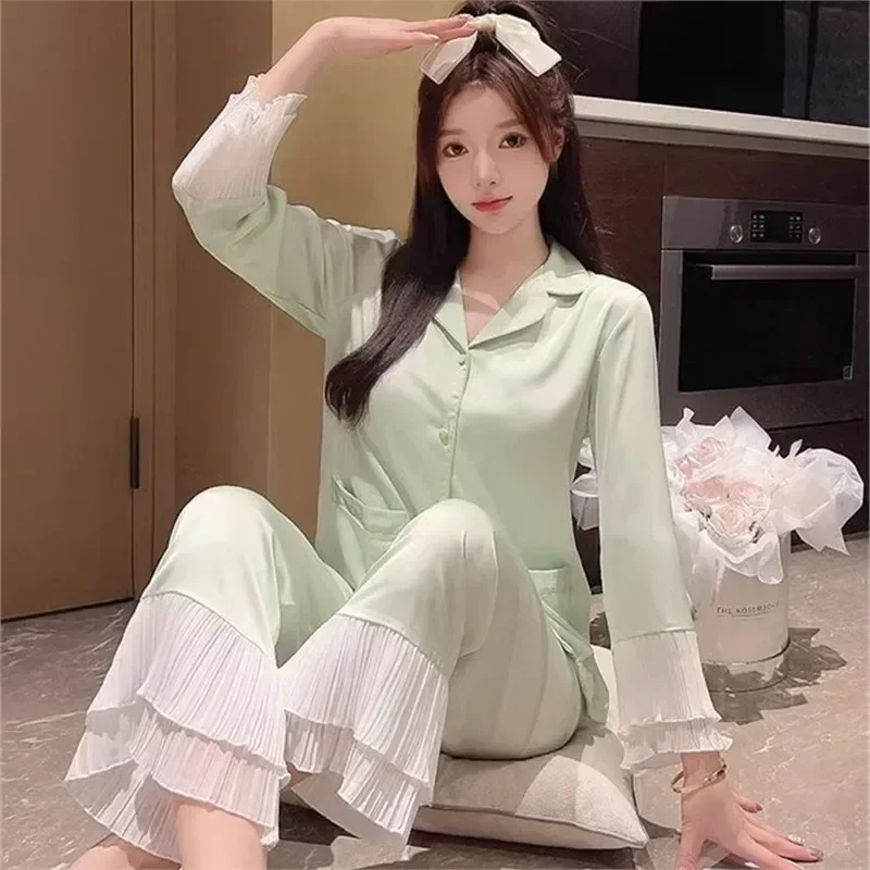 

2024Women's Clothes Four Seasons Pajamas Ladies Ice Silk Long-Sleeved Sweet Large Size Solid Simple Casual Fashion Soft Homewear