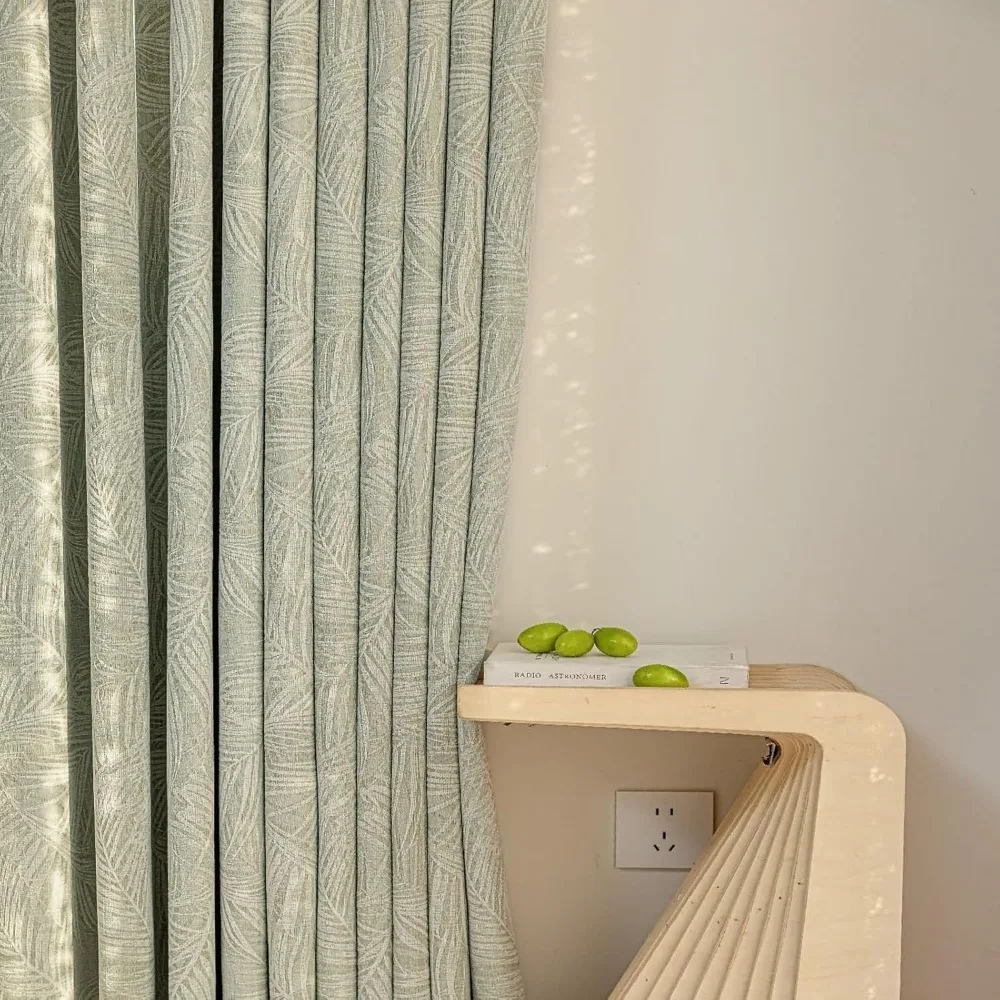 Blackout Curtains 106 Inch, Dining Room Darkening Panels, Light Green Leaves Jacquard Design, 2 Piece Grommet Set