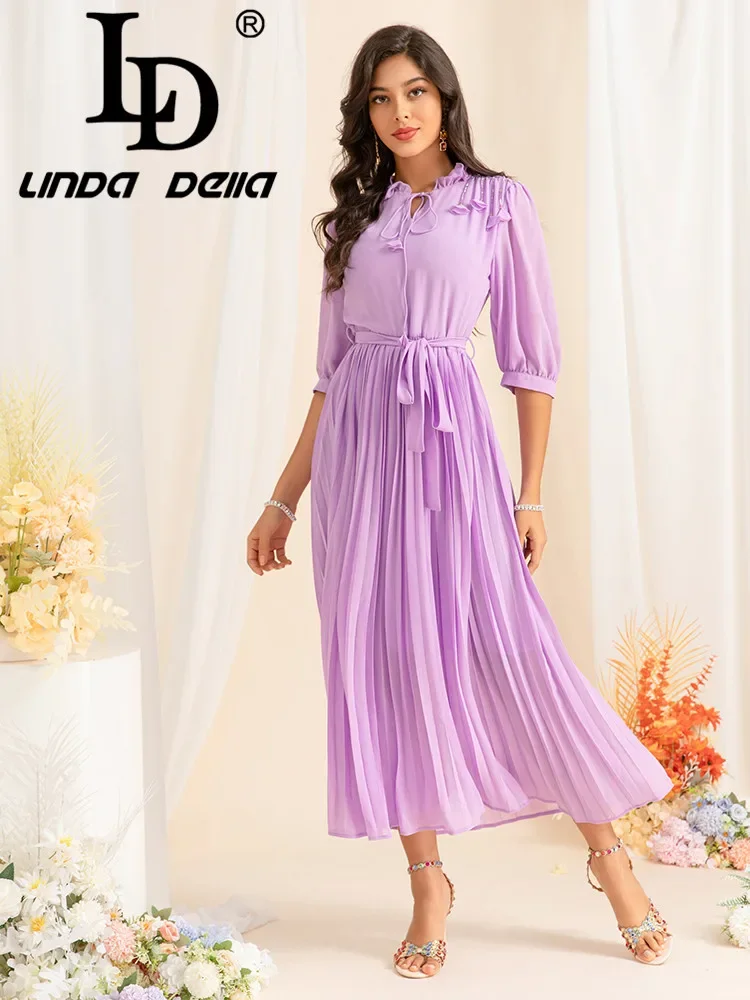 LD LINDA DELLA Lace Collar Mid-sleeve Three-dimensional Flower Binding Big Swing Purple Chiffon Holiday Women's Long Dress