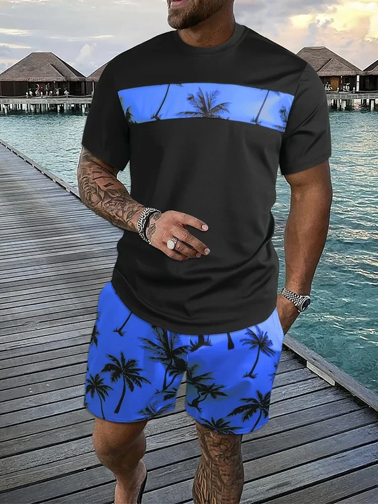 Conjunto de camiseta com gola redonda masculina e calções de cordão, estampado tropical de coqueiro, gráfico manga curta, verão