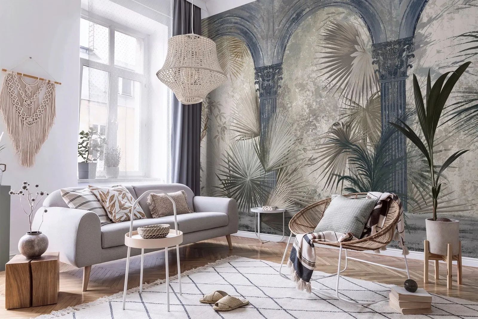 خلفية النباتات الاستوائية الغريبة ، أعمدة القوس التاريخية العتيقة العتيقة جدار جدارية ، التقليد الاستوائي التجريدي غير المنسوجة ورقة #3