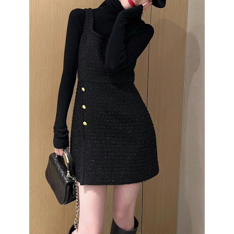 

Women Tweed Wool Blend Vest Dresses Autumn Buttons Sleeveless Suspender Mini Sundress Black Clothing Slim Camisole Streetwear