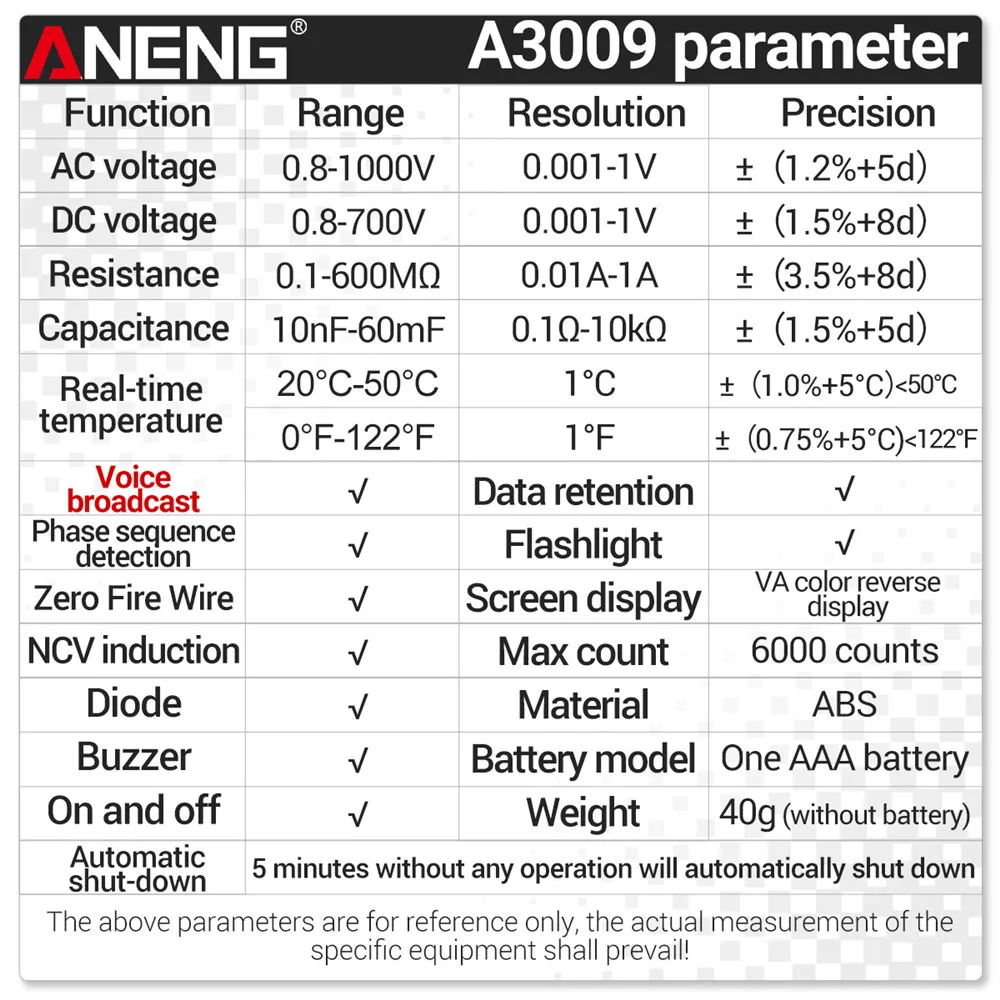 ANENG A3009 Digitale multimeter Pentype Mini Smart AC-spanning Voice Broadcast Tester Meter Capaciteit Weerstand NCV Diodetest