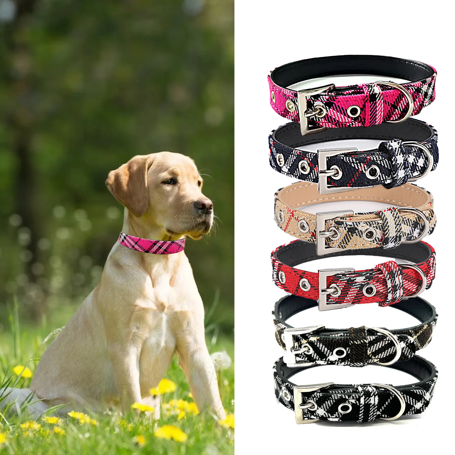 Pet collar plaid cloth dog collar classic PU dog walking dog pet supplies four seasons outing