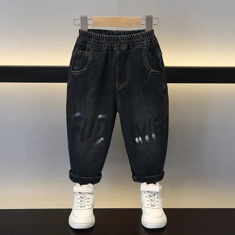 

Boys Fce Lined Denim Pants Autumn Winter Faionable One-Piece Velvet Long Trousers Baby Winter Jeans High Waist Wide Leg