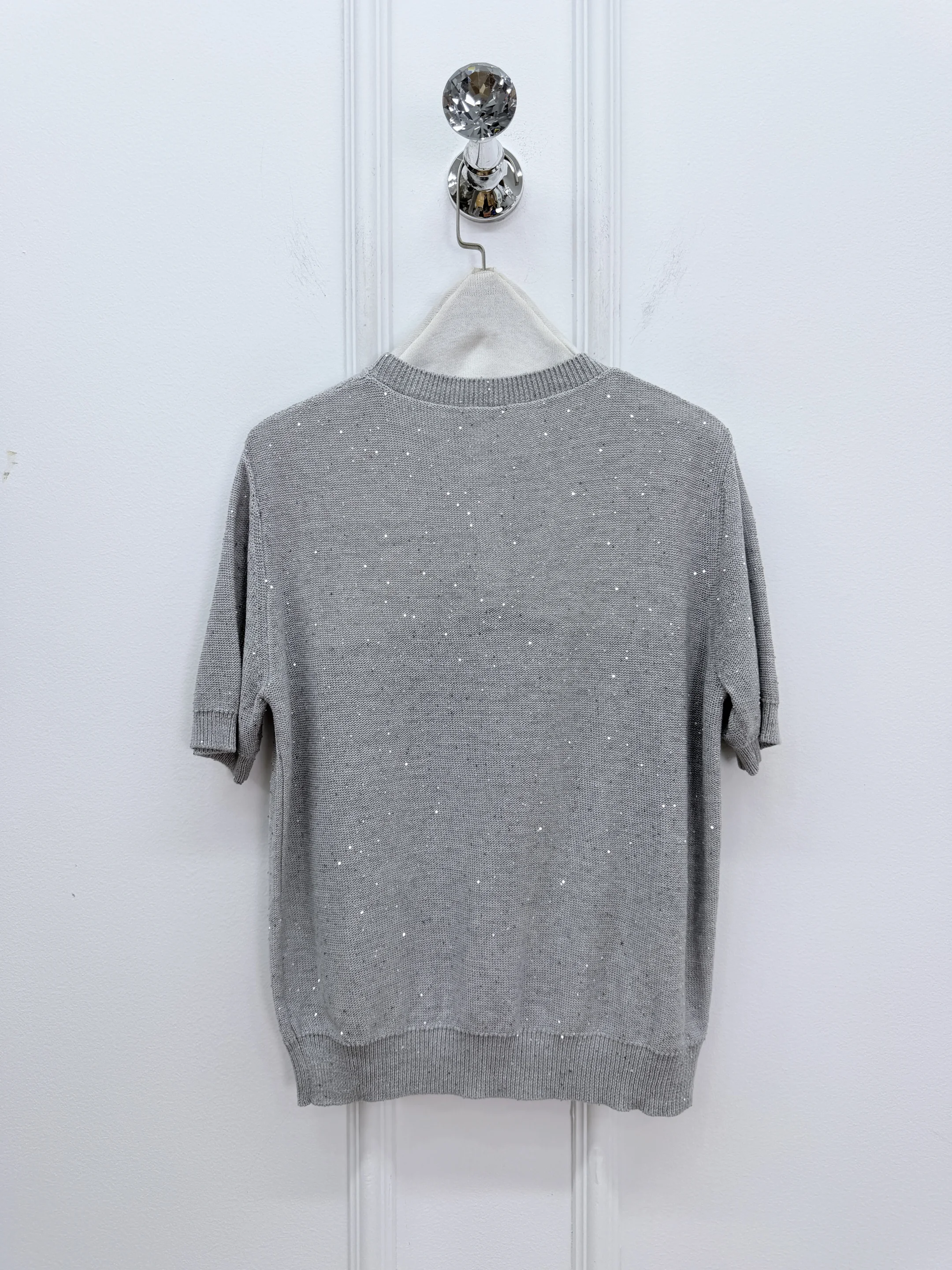 2026 Spring/Summer New Arrival: High-Quality Sequin-Yarn Crewneck Short-Sleeve Knit Top + Casual Skirt Set