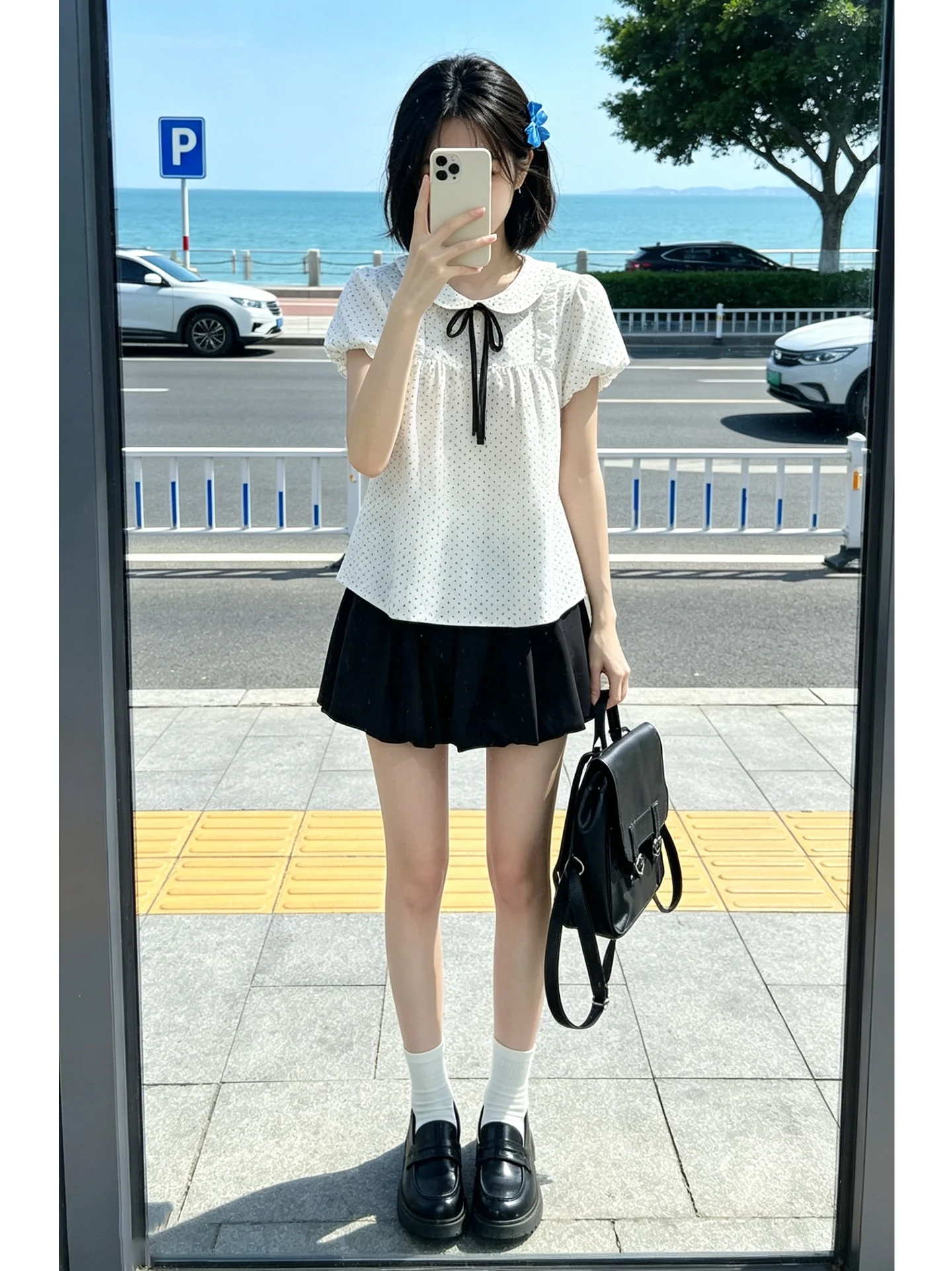 

Summer Floral Print Blouse And High Waist Shorts Two Piece Set Doll Collar Polka Dot Top with Black Bloomers for Gentle Girls