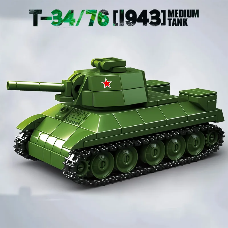 T-34/76 ถังขนาดเล็กอนุภาคประกอบบล็อกอาคาร Sherman ติดตามรถหุ้มเกราะเด็กปริศนาของเล่น