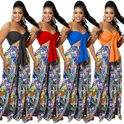 2023 new fashion tube top backless printed slit trousers two-piece set