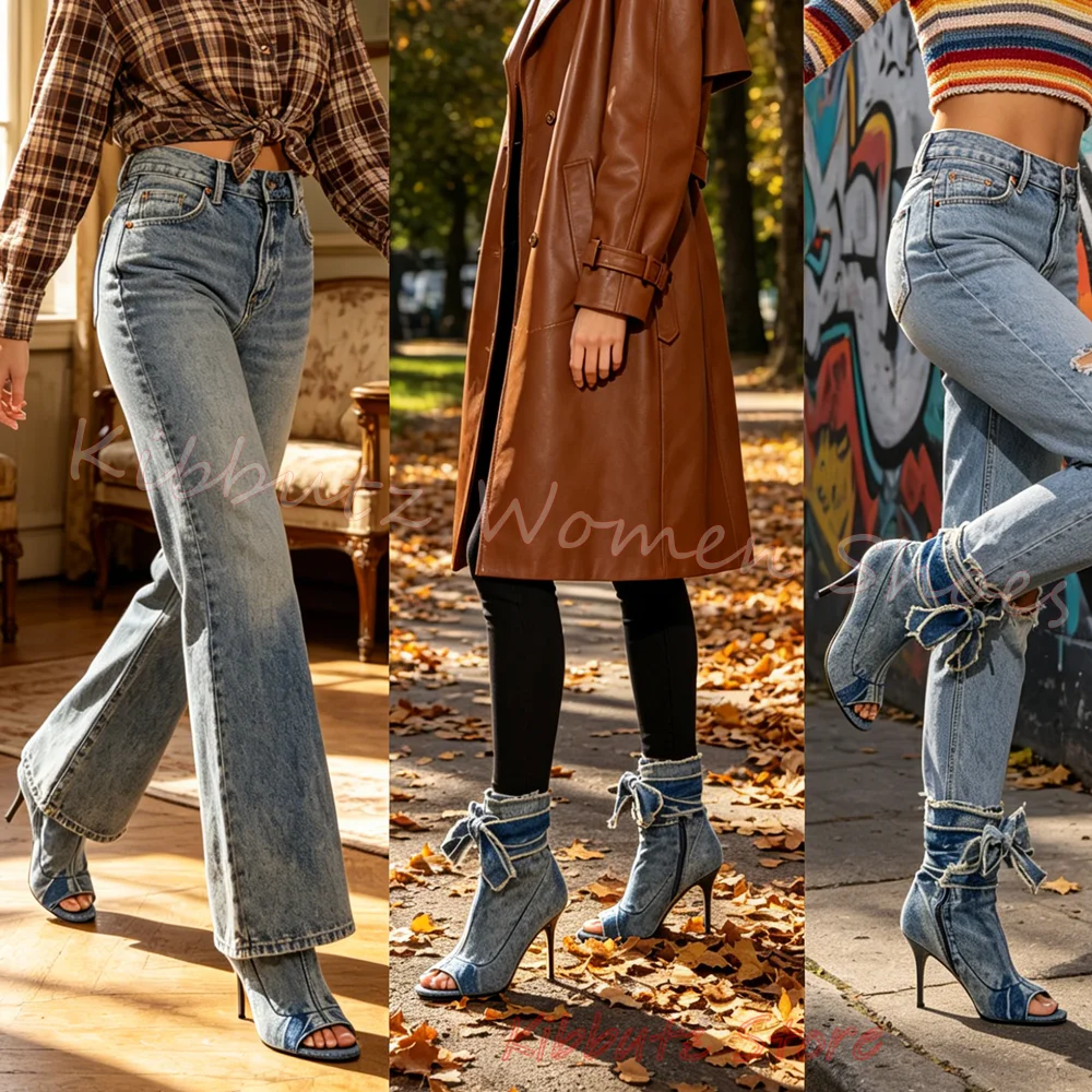 Denim Bows Sandal Peep Toe Ankle Boots Women High Heels Open Toe Side Zipper Tie Up Casual Vintage Daily Shoes Fashion Elegant view 3