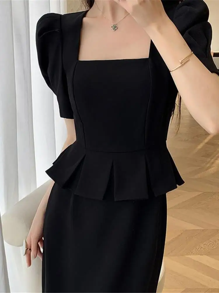 우아한 여름 긴 드레스 여성의 높은 허리 버블 슬리브 스퀘어 칼라 슬리밍 a 라인 가운 한국 스타일 폴리 에스터 섬유