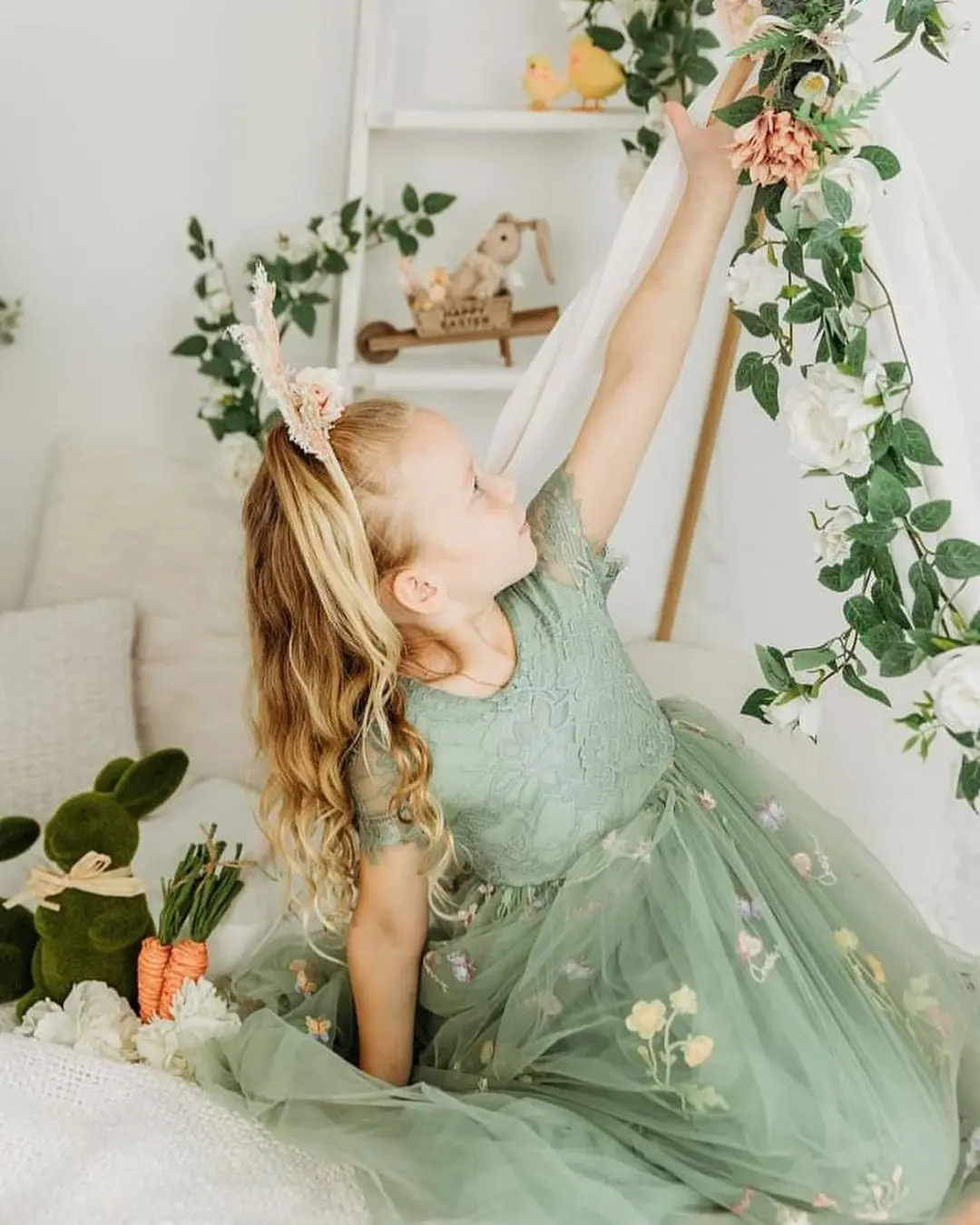 FATAPAESE FLORAL EMBROIDERED TULLE LACE GIRL DRESS IN SAGE Scalloped Edges Tulle  Skirt Junior Bridesmaid Gown