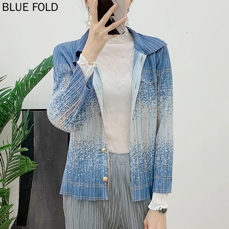 MIYAKE-Pleated Denim Jacket for Women, Long-sleeved Top, Thin Age Reducing, Korean Style, Loose, Spring and Autumn Cardigan, New