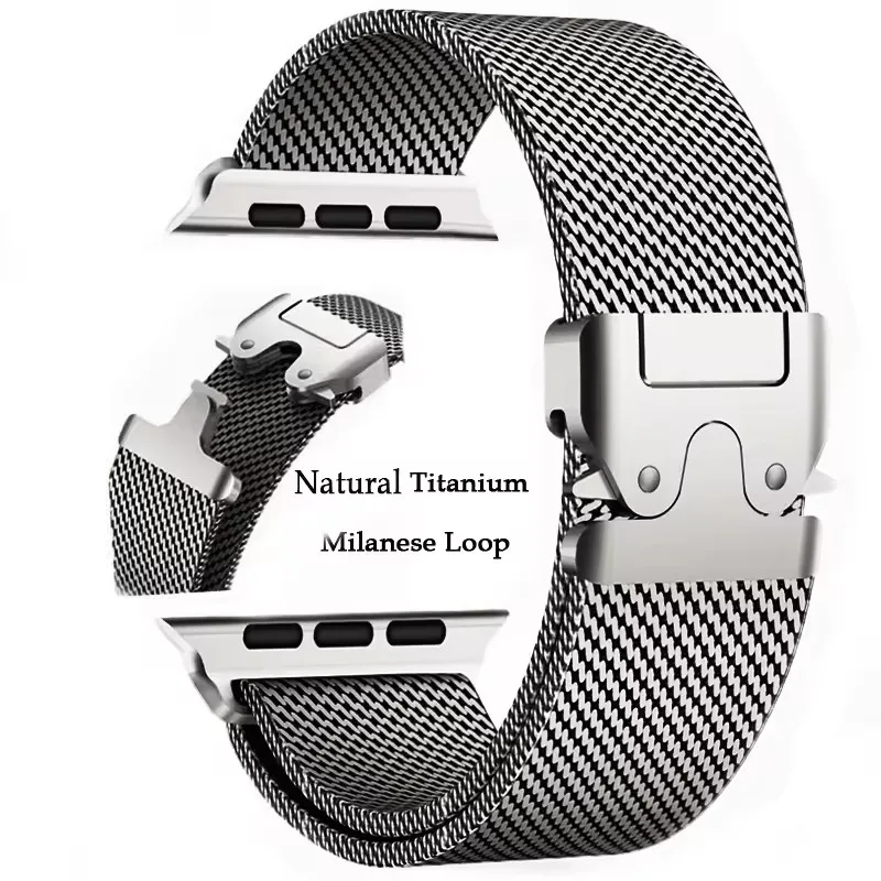 Milanaise-Armband für Apple Watch Band Ultra 2 49 mm, Serie 10, 9, 8, 7, 6, 5, natürliche Titan-Milanese-Schlaufe, sichere Fallschirmschnalle