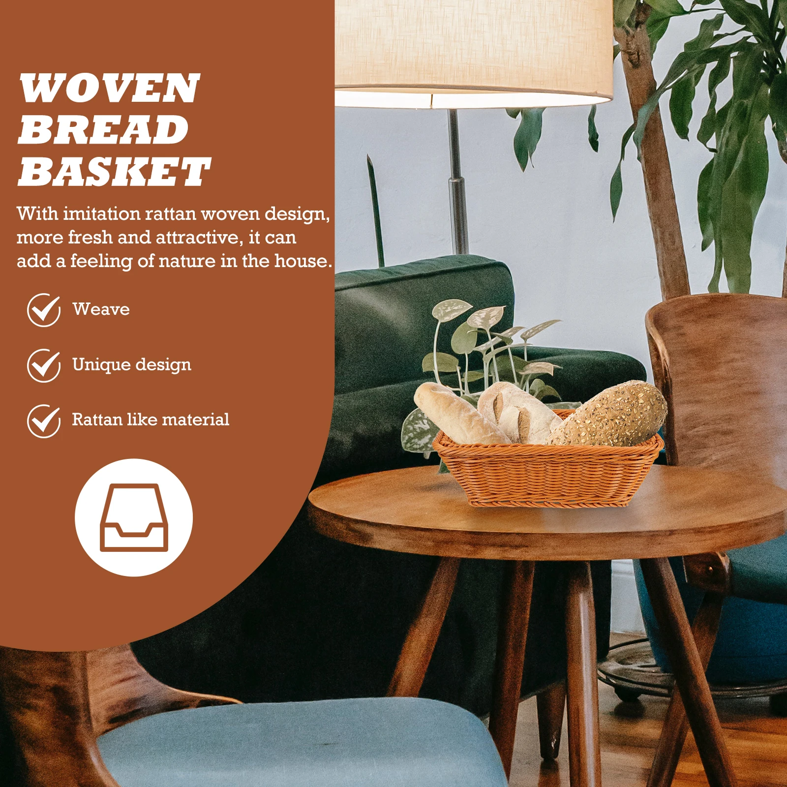 

Plastic Rattan Woven Bread Basket Rustic Design Tabletop Fruit Storage Basket Household Organizer for Snacks Gifts