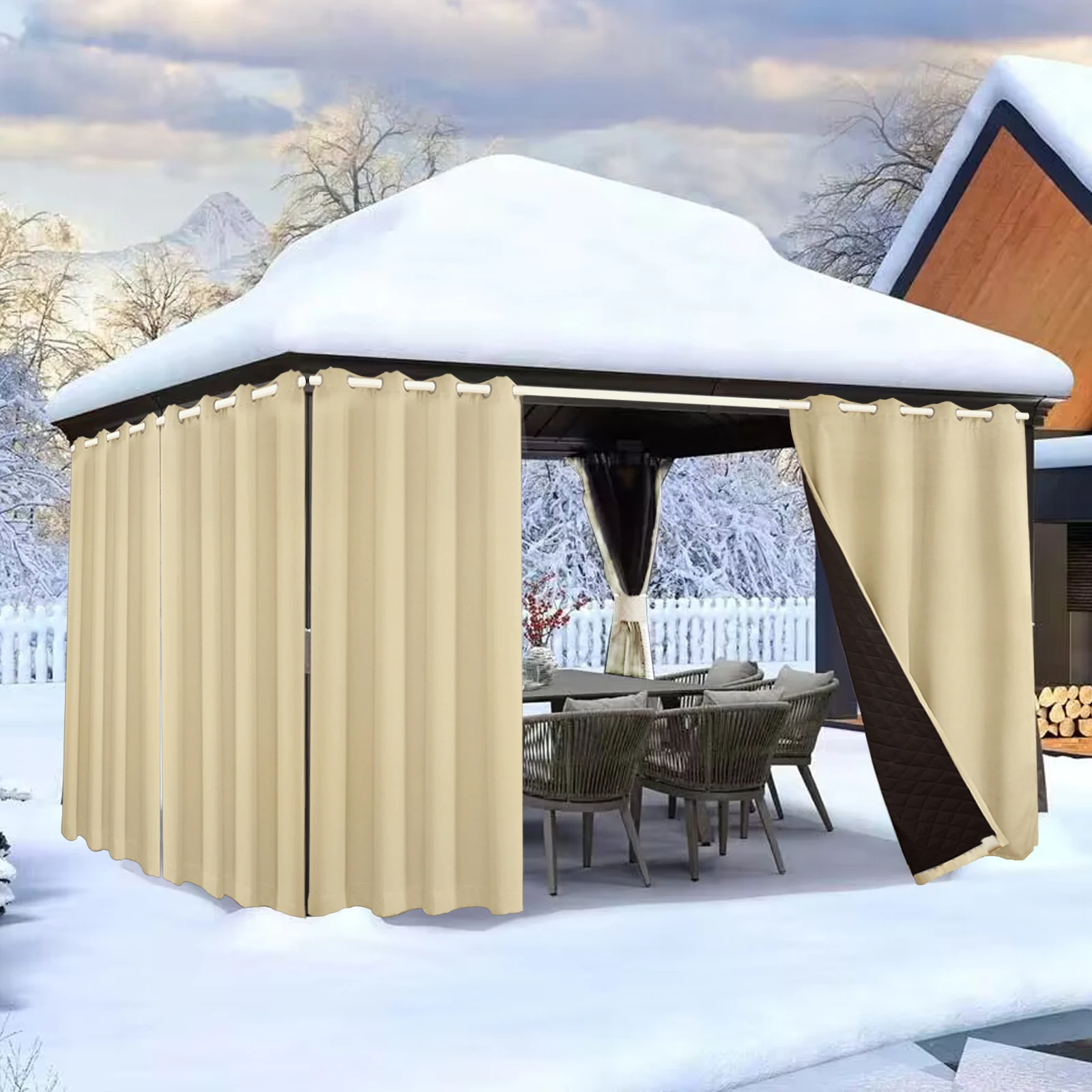 Winter Warm Outdoor Curtain Waterproof Heavy Duty Curtain Energy Saving Noise Reduction Drape UV Protection for Porch,Pergola