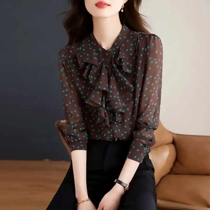 

Spring Chiffon Print Ruffled Office Lady Blouse Female Shirt Bow Tops Long Sleeve Casual Korean OL Loose Blouses Women V150