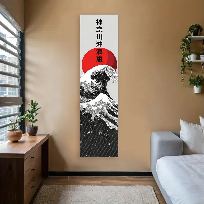 VIKAMA Wandteppich mit japanischen Meereswellen, rote Sonne, Landschaft, ästhetisches Boho-Wandbehang, Dekoration für Zuhause, Schlafzimmer, Wohnheimzimmer