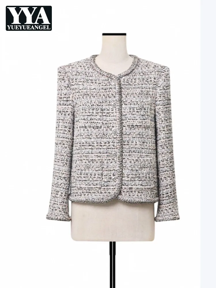 Elegant Office Ladies O Neck Tweed Jacket High Quality Womens Banquet Outerwear Long Sleeve Single-breasted Sequin Party Coats