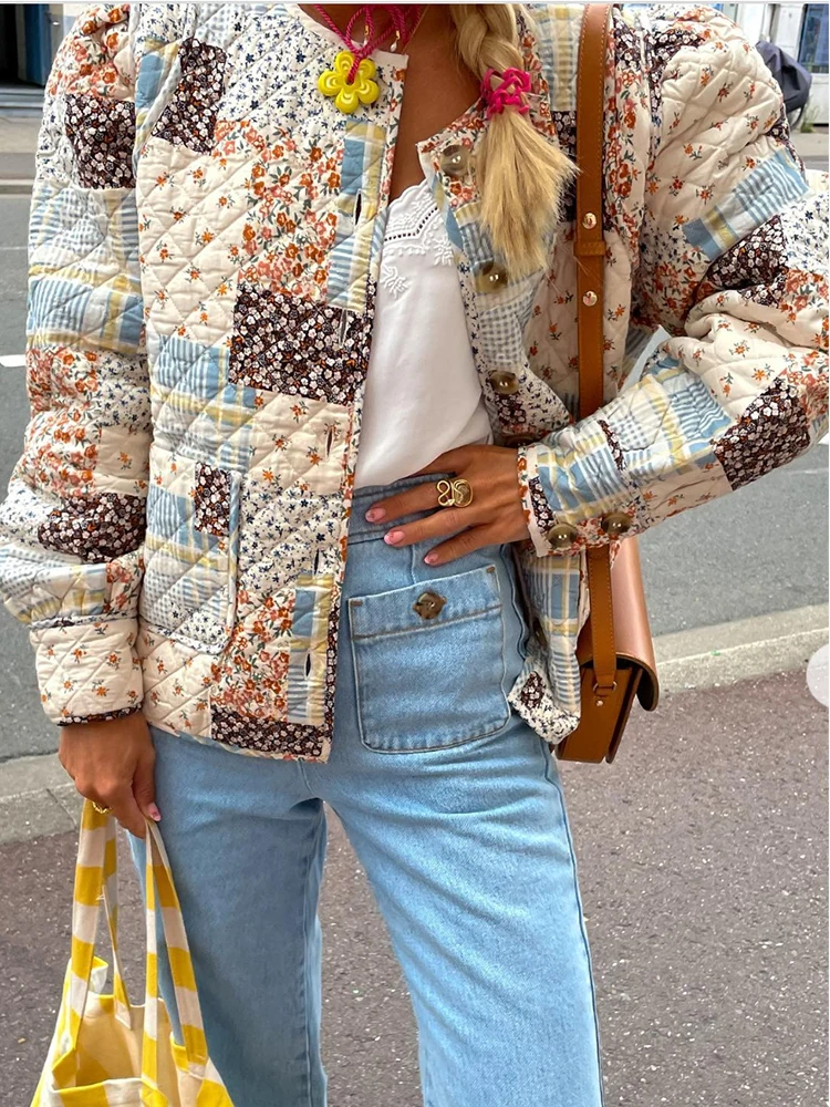 

KONDALA Chic Patchwork Flower Streetwear Jacket Women Fashion 2023 Autumn Long Sleeve O Neck Button Coat Vintage Casual Outwear