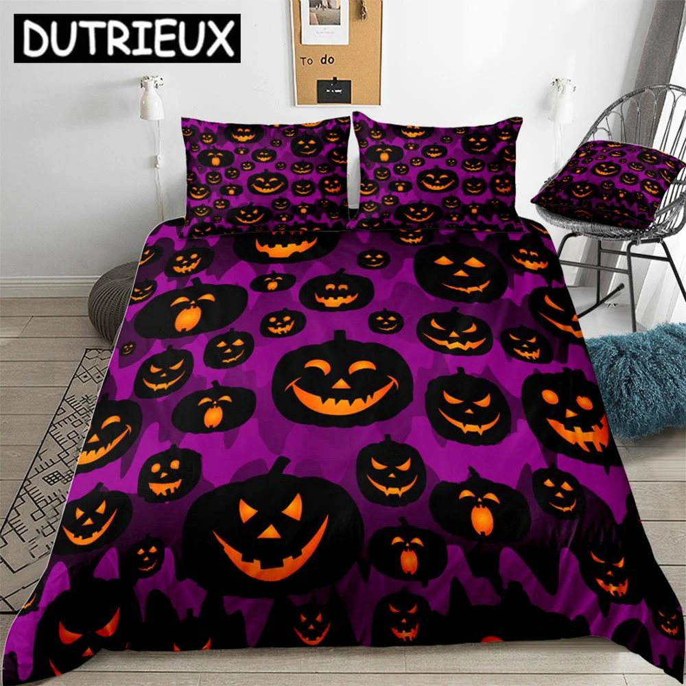 

Halloween Pumpki Duvet Cover Set Cartoon Pumpki Purple Halloween Beds Set Home Textiles Microfiber For Boys Kids