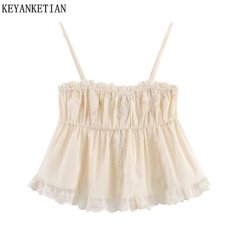 

KEYANKETIAN, новинка лета 202, женский жилет с вышивкой, милый стиль, кружевной лоскутный топ, мягкий на ощупь, тонкий топ с лямкой на бретельках