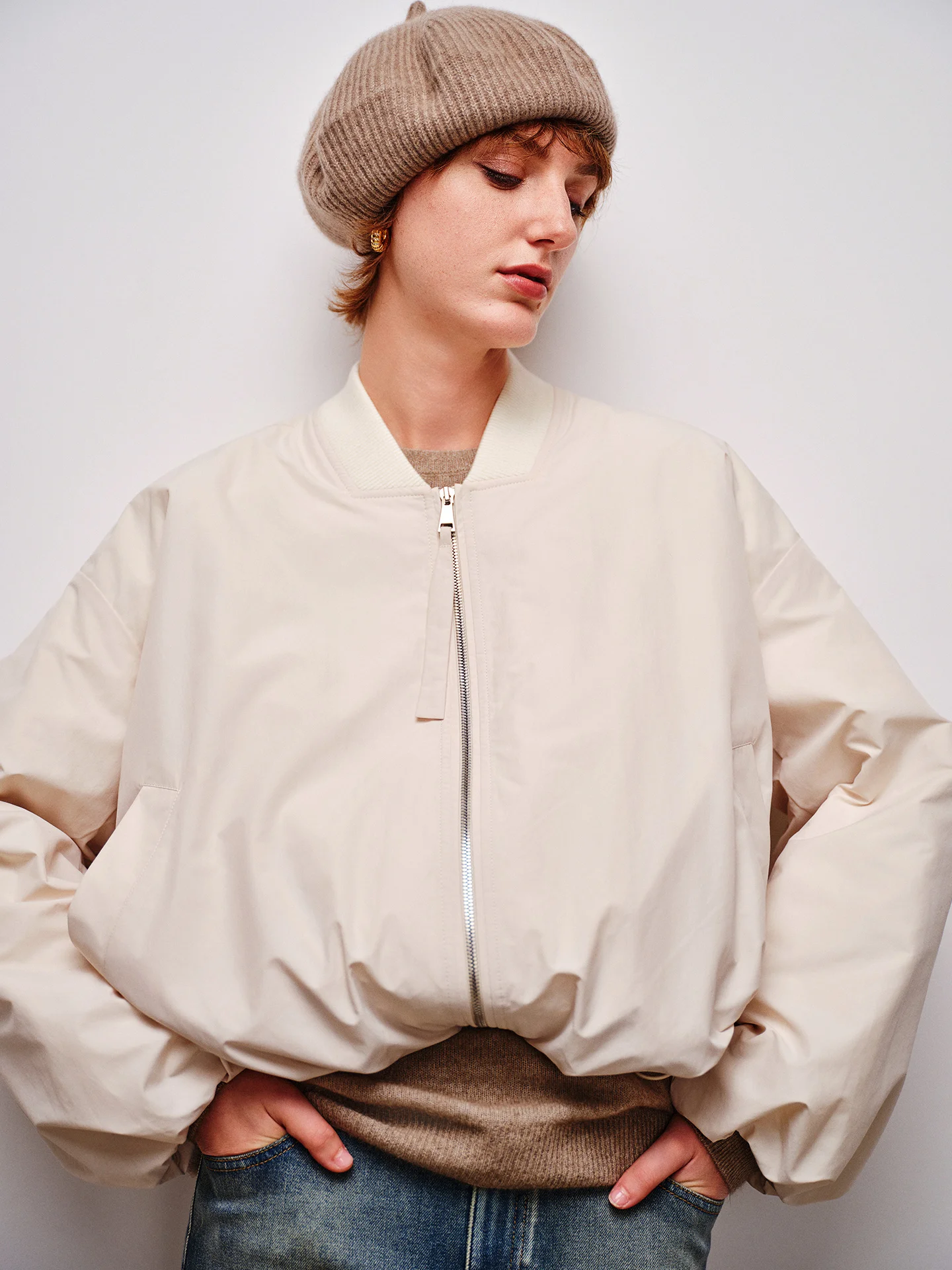 

High Densi White Goose down Pilot Jaet Technical Fabric Baseball Collar Outerwear Casual Loose Fit Ladies Puffer Coat