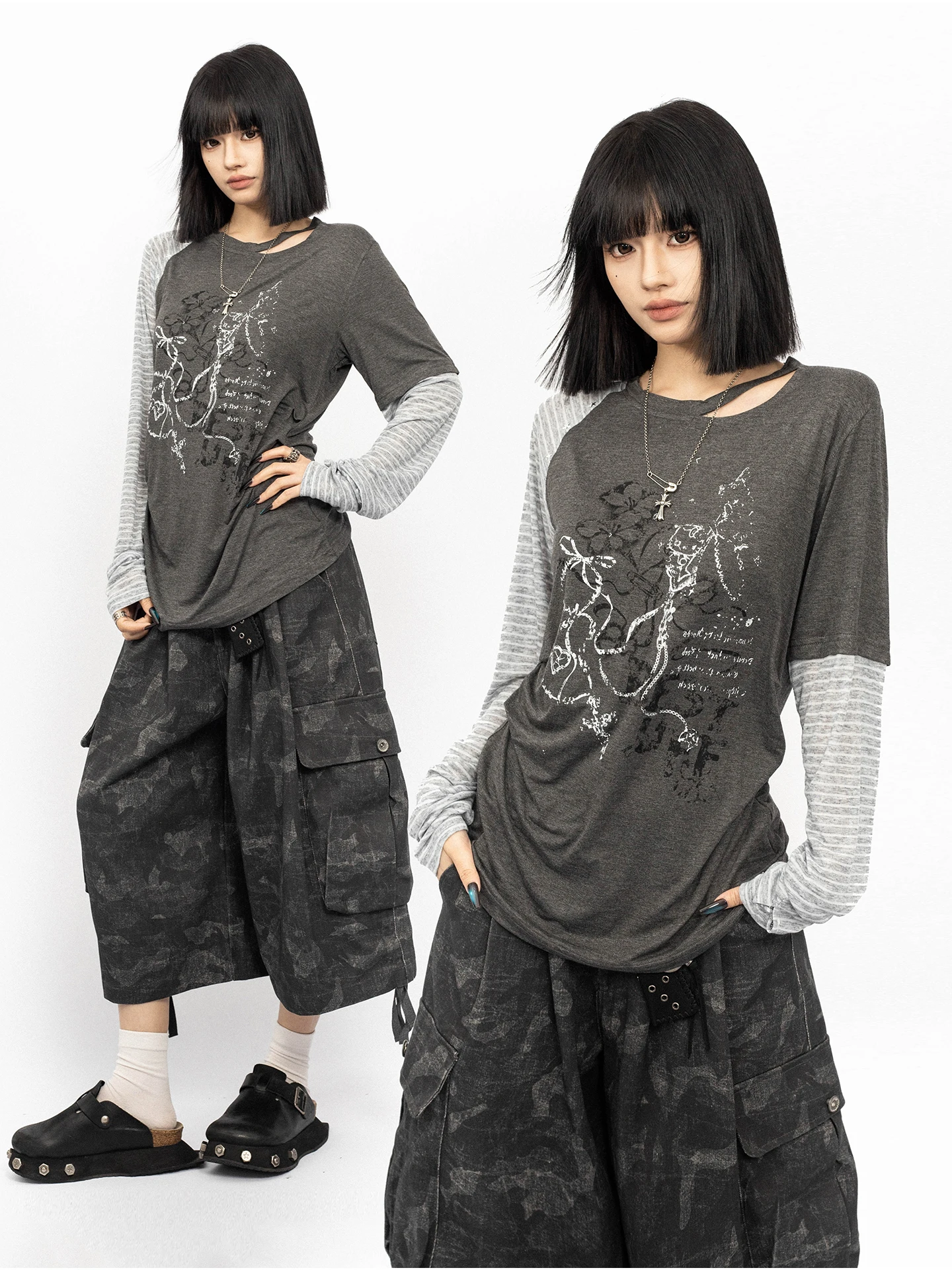 OCTTFLAB Light Punk Style Spliced Print Long Sleeve T-Shirt Women's Loose Vintage Top Streetwear Dark Style Ladies Tee