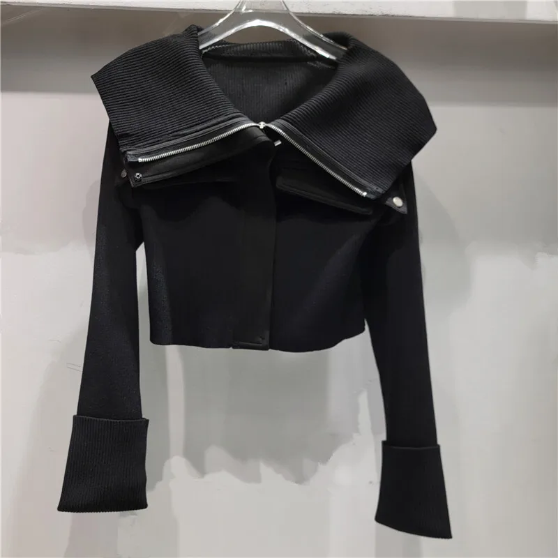 [ZOCI] Autumn New Niche Metal Zipper Patchwork Fabric Pocket Lapel Slim Fit Girl Knitwear Jacket