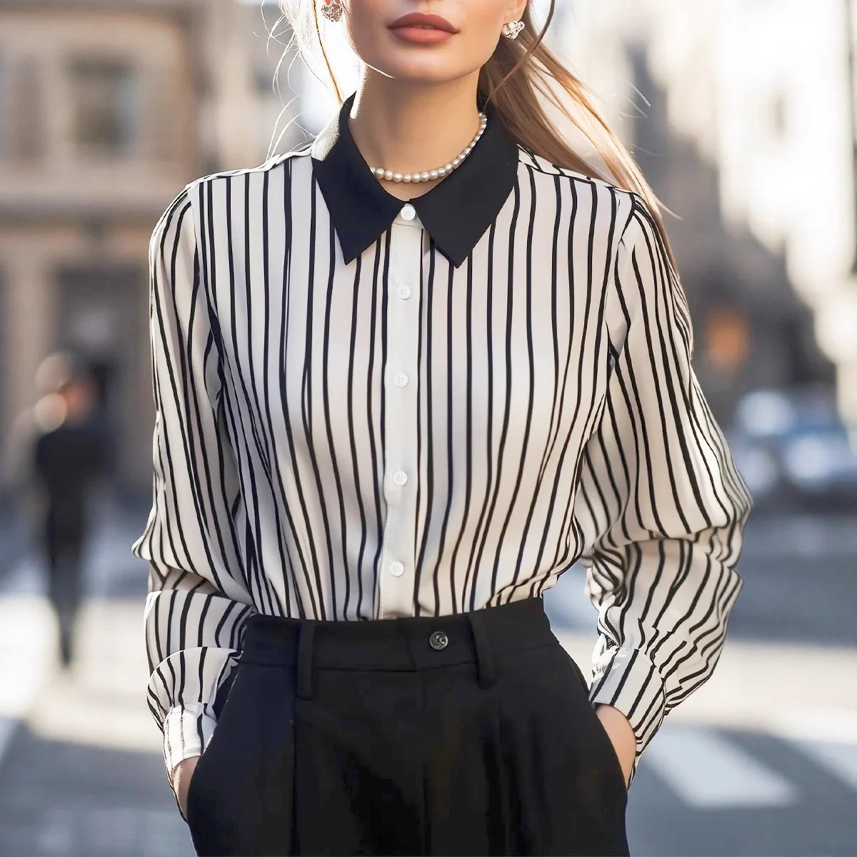 

Luxury Women Tops Blouses Fashion Stripe Print Lapel Casual Long Sleeve Business Office Lady OL Shirts Slim Blusas Mujer