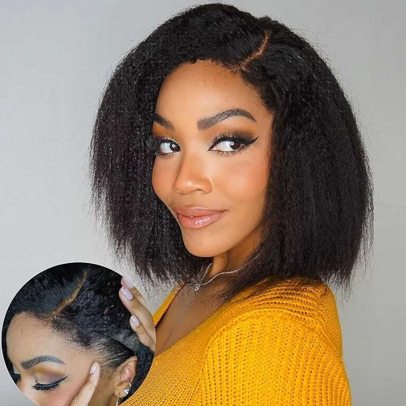 Kinky Straight Short Bob Human Hair Wigs For Black Women 13x4 Lace Frontal Wig With Baby Hair Soft Yaki Preplucked Hair Wigs