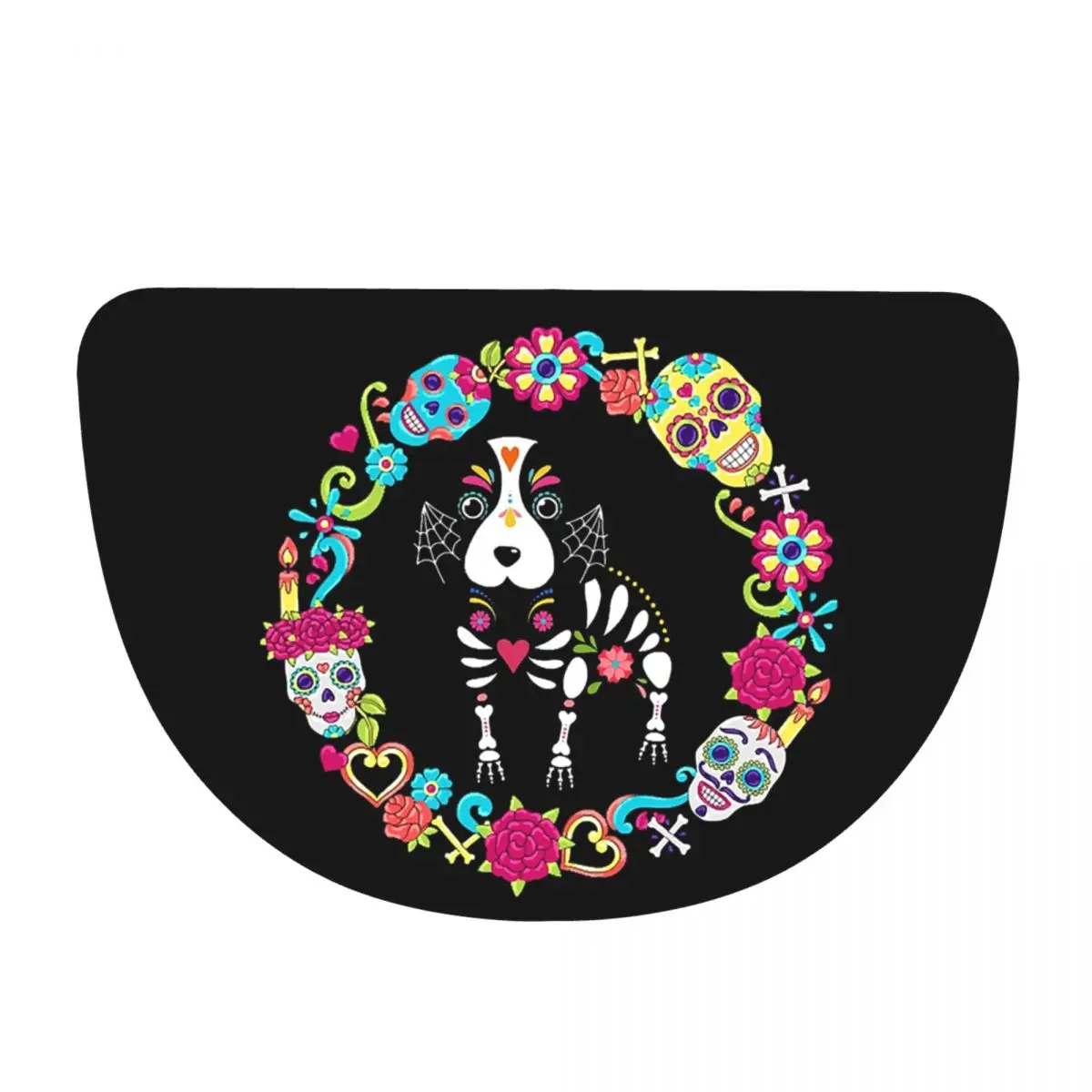 Dog Dias De Los Muertos Day Of The Dead Flannel Half Round Doormat Non Slip Bathroom Mat Absorbent Floor Carpet for Living Room