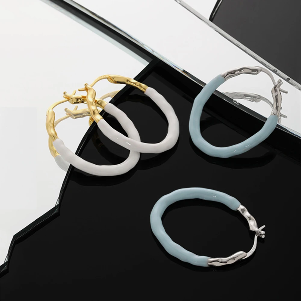 ANDYWEN 925 Sterling Silver Ovals Enamel Blue White Hoops Women Luxury Circle Loops Rock Punk Clips 2022 Women Wedding Jewels