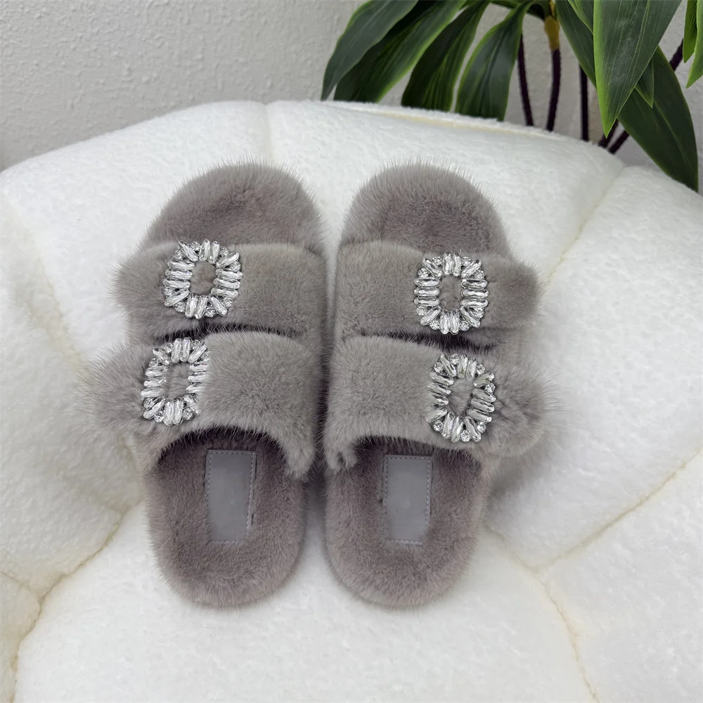 Echte Nerzfell-Damen-Slipper mit doppeltem Riemen, glänzender Strass-Schnalle, luxuriöse, flauschige Sandalen, warme Winter-Hausschuhe für drinnen und draußen, flache Schuhe – Detail 5