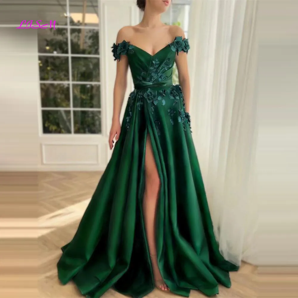 

Green Flower Satin Prom Dress Off the Shoulder A-Line Evening Formal Gown Elegant Sleeveless Floor-Length Side Split Party Dress