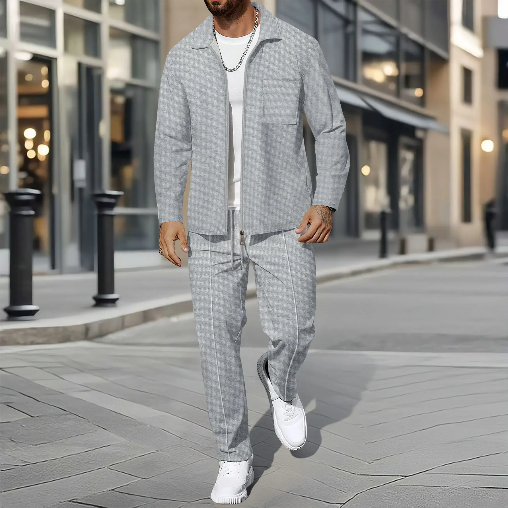 Men's Business Casual Two-Piece Set Spring Autumn Waffle Zippered Shirt Coat And Trousers Trendy Fashionable Outfit