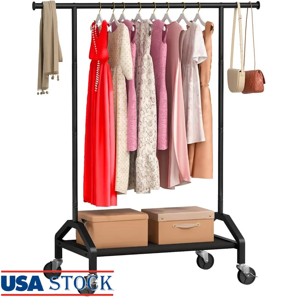 

Heavy Duty Rolling Clothes Rack Mobile Garment Storage Rack with Industrial Wheels Adjustable Clothes Stand Home Laundry Drying