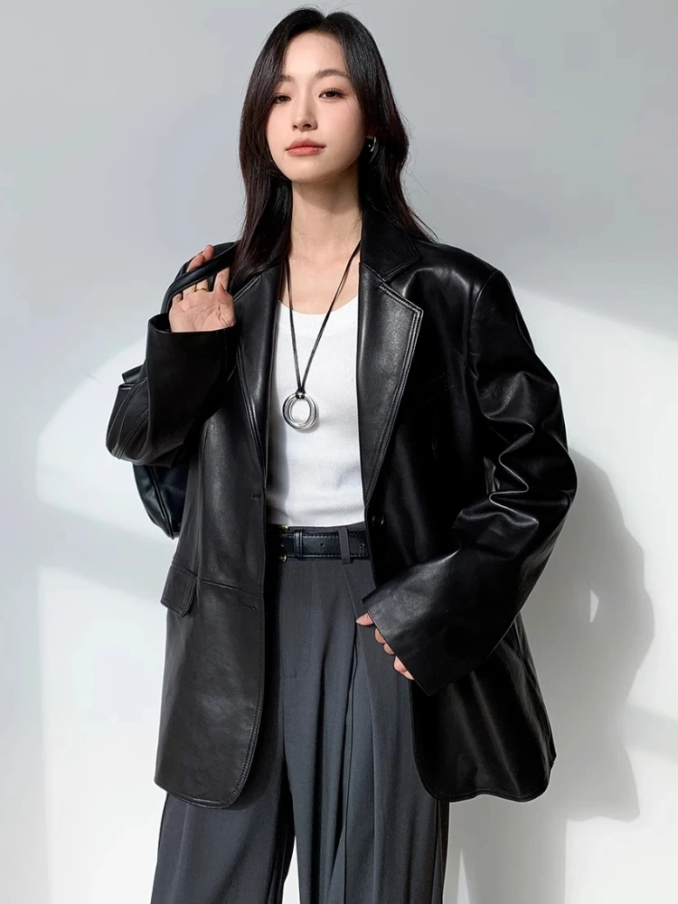 Mid-length Genuine Leather Blazer Jackets for Women Spring Autumn 2025 New High-end Retro Simple Soft Black Real Sheepskin Coat