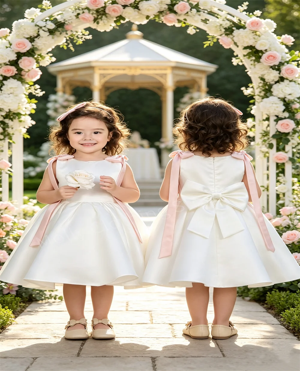 White Satin Flower Girl Dress with Long Pink Bow Shoulder Design Children's Baptism Pageant and Party Evening Dress
