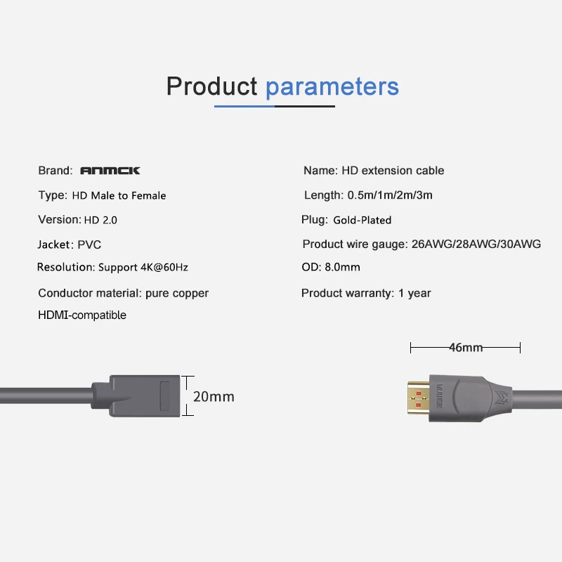 Anmck-Cable de extensión de vídeo 4K compatible con HDMI, macho a hembra, para TV Box, proyector, PS4, portátiles, adaptador HD, divisor