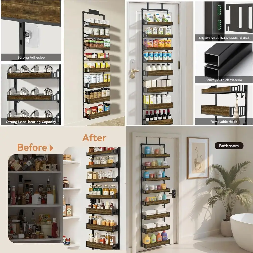 

8-Tier Door-Mounted Pantry Organizer, Adjustable Basket Spice Rack for Kitchen Storage
